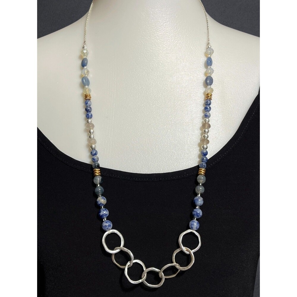 Blue Stone Glass Bead Mix Necklace Long Silver Tone Linked Rings Boho 33"
